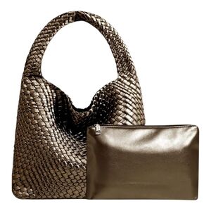 Women Vegan Leather Hand-Woven Tote Handbag Metalic Bronze